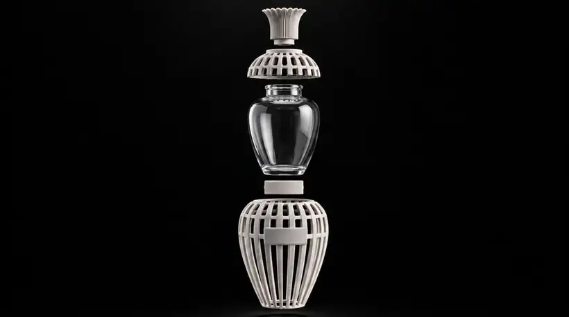 An exploded perfume flacon on black: a fluted white cap, a perforated shoulder, a clear glass bottle, a collar ring and a white caged base stacked in a vertical line