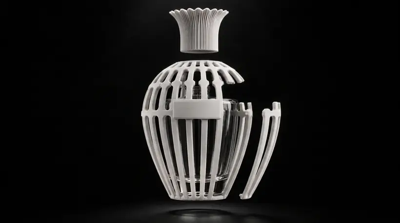 The flacon's white printed cage half assembled around a clear glass bottle, the fluted cap floating above and two loose ribs hanging to one side